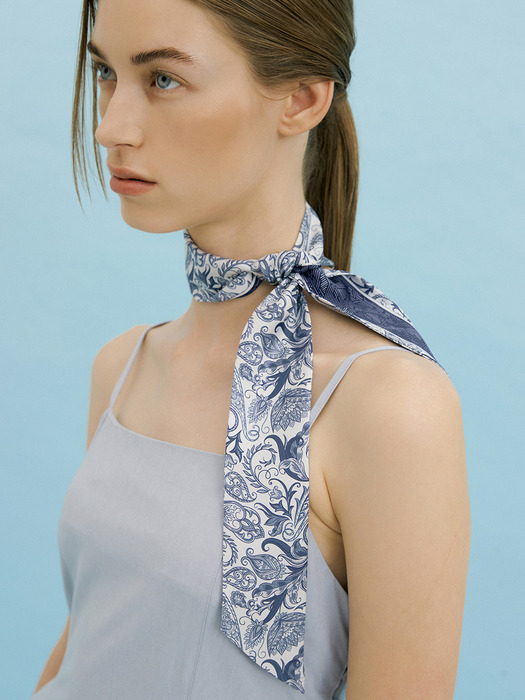 Paisley Garden-Misty Navy Long Twilly Silk Scarf