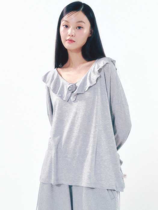 Rose Brooch Frill Long Sleeve Gray