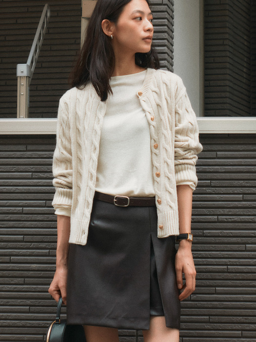 Slit stitch point leather skirt_Brown