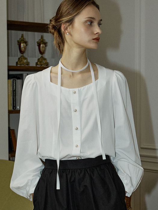 Ribbon Tie Square Neck Blouse - White