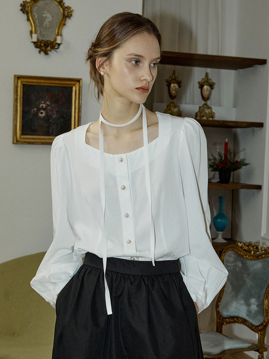 Ribbon Tie Square Neck Blouse - White