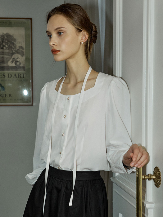 Ribbon Tie Square Neck Blouse - White