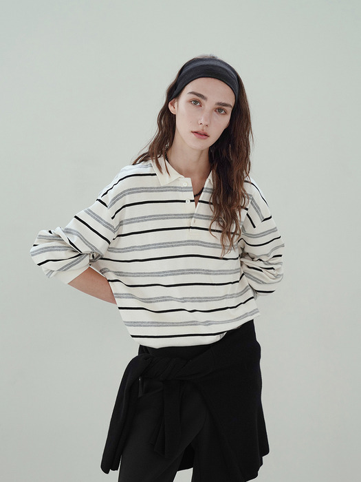 Stripe over collar T- shirt (Ivory)