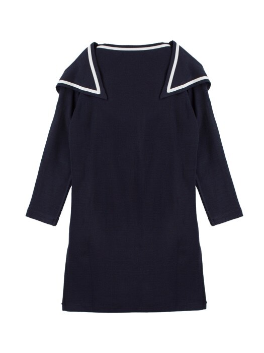 SHOULDER CUT PIPING KNIT ONE-PIECE - NAVY