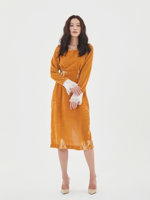 Velvet Pintuck Dress in Mustard