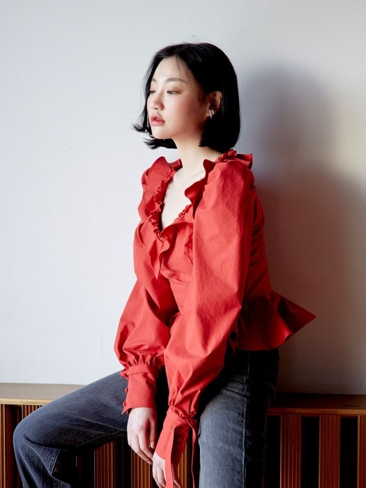 V-neck peplm blouse (Red)