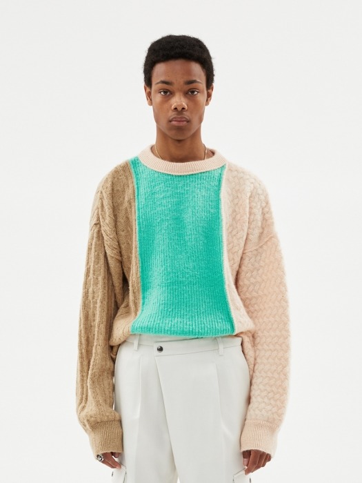 UNISEX BRUSHED CABLE OVERSZIED MOHAIR ROUNDNECK SWEATER atb343u(BIEGE/PALE JADE)