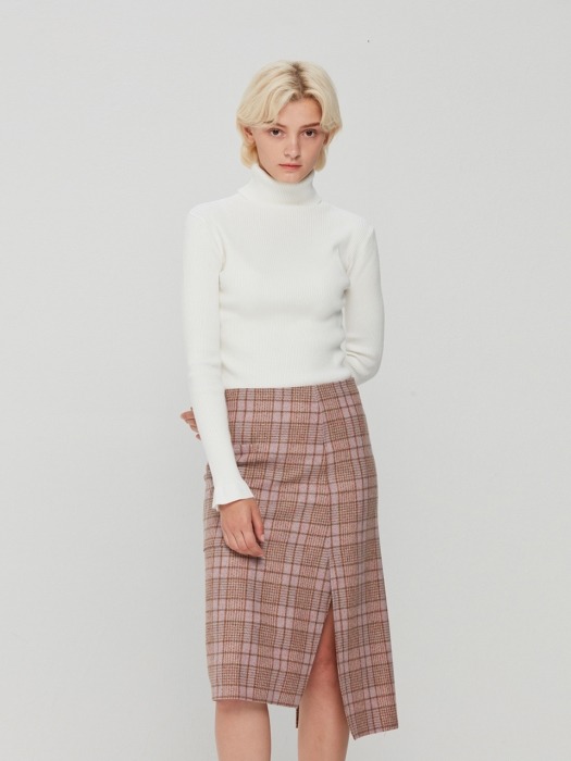 Wool Blend Assymetric Big Pocket Skirt Pink Check