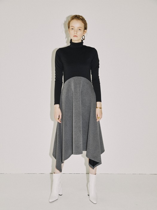 two tone turtleneck dress_black