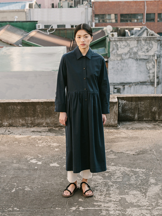 DARK NAVY WASHING COTTON GATHERED SHIRTS DRESS