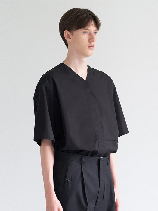 collarless hidden placket shirt black