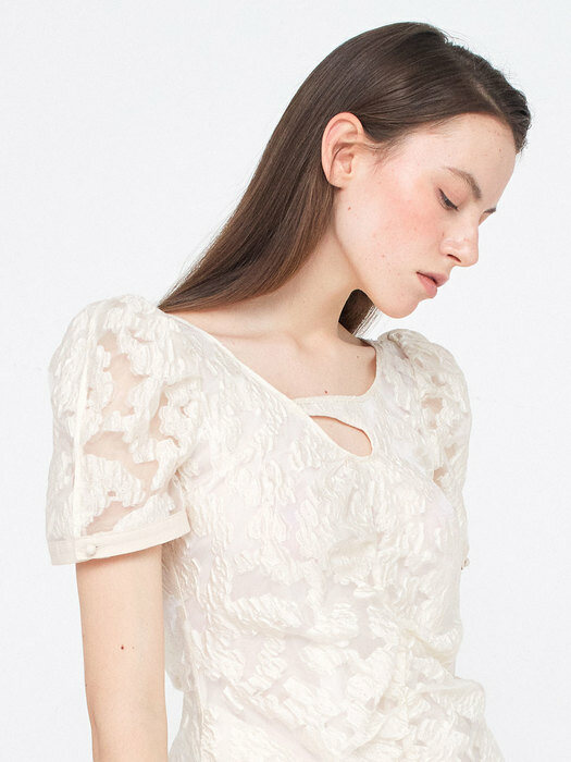 Puff Sleeve Shirring Dress_Ivory