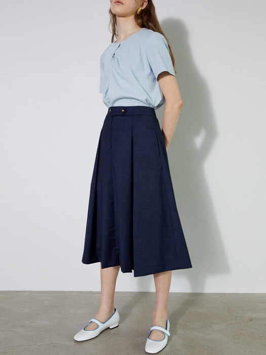 summer wool double button flared skirt_navy