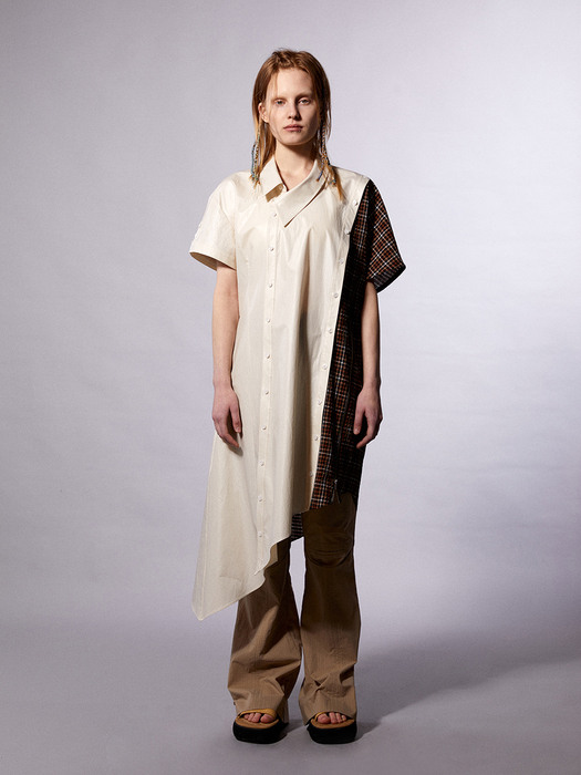 Brown Check Asymmetric Shirt Dress 