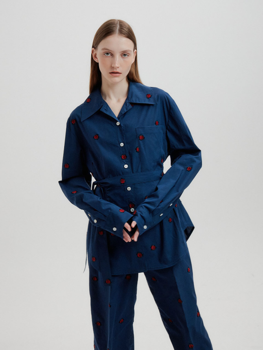 TRINA Floral Point Pattern Shirt with belt - Navy