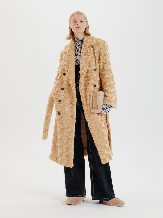 TERA Oversized Double Breasted Fake Fur Coat - Beige
