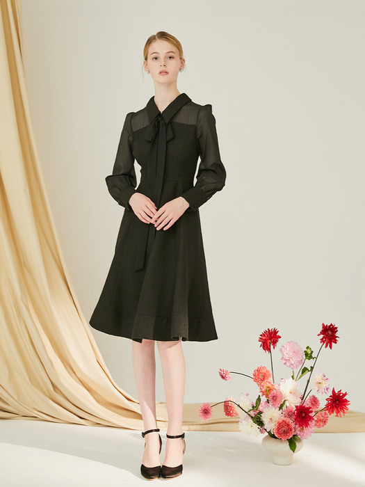 GLORIA Sheer mesh sleeve tweed dress (Black)