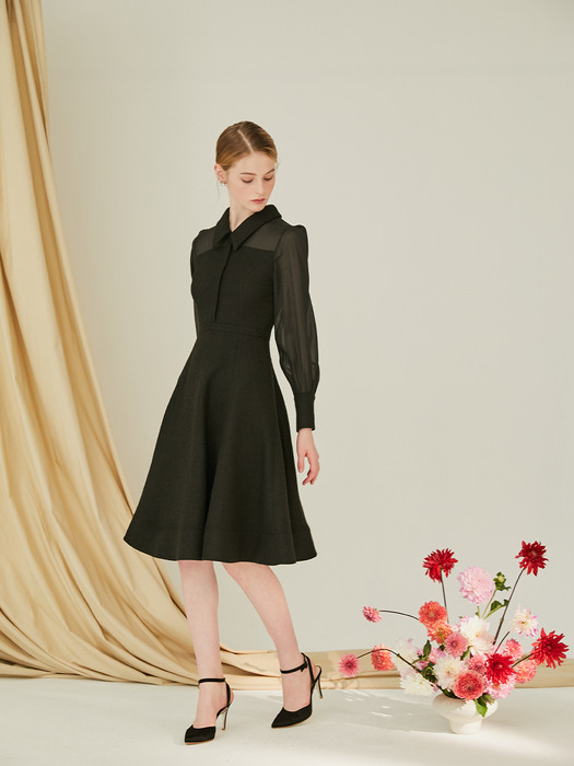 GLORIA Sheer mesh sleeve tweed dress (Black)