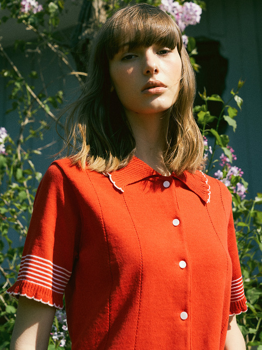 V. stripe cotton knit cardigan (red)
