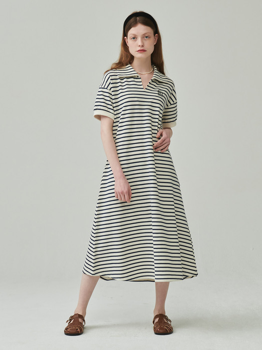 [단독] STRIPE COLLAR LONG ONEPIECE NAVY STRIPE