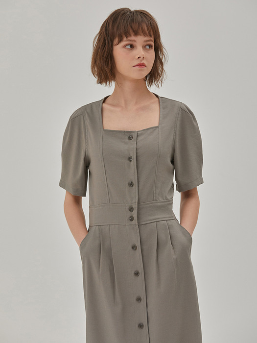 SQUARE NECK PUFF LONG DRESS KHAKI