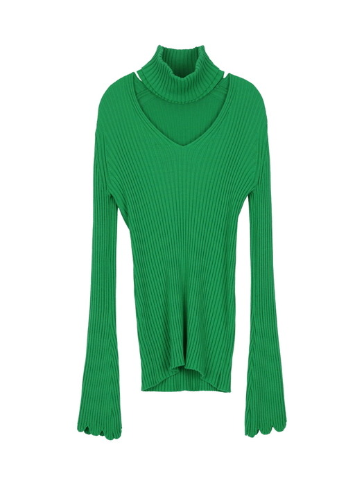 [22FW] Bell Sleeves V-neck Pollar Knit Top - Green