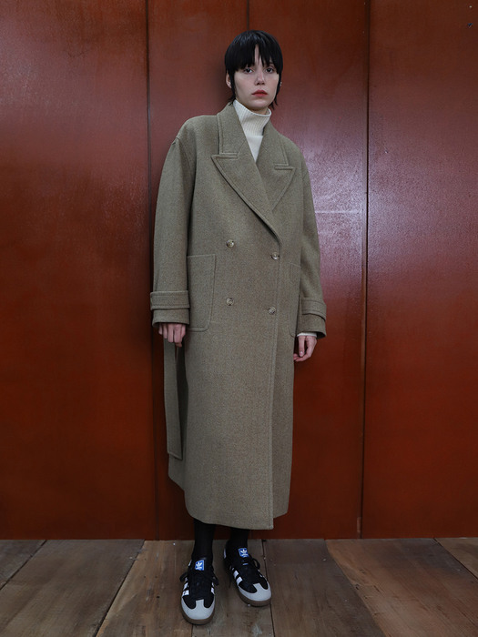 Coat Double Wide Collar Strap Beige