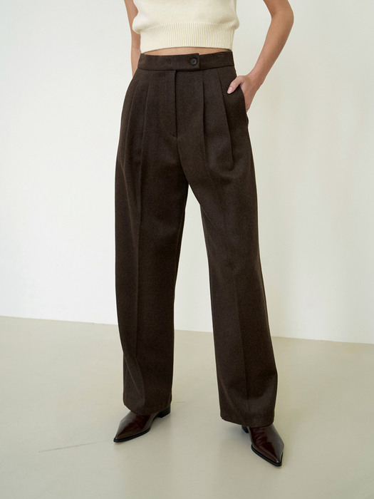 Wool-Blend Double Pleats Pants Dark Brown