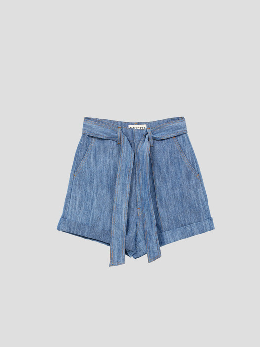 COTTON HIGH-WAIST RIBBON SHORTS (BLUE)