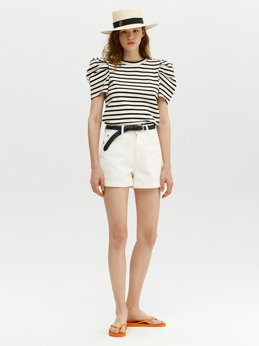 ANAHEIM Puffed detail shoulder T-shirt (Ivory&Black stripe)