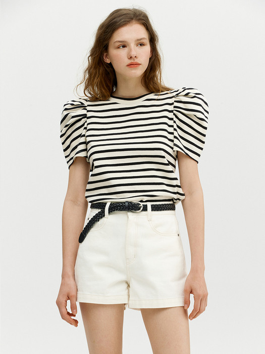 ANAHEIM Puffed detail shoulder T-shirt (Ivory&Black stripe)