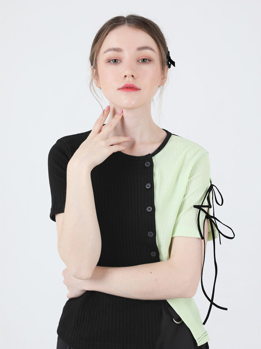 Slit Ribbon Half-Sleeve T-shirt (Green)