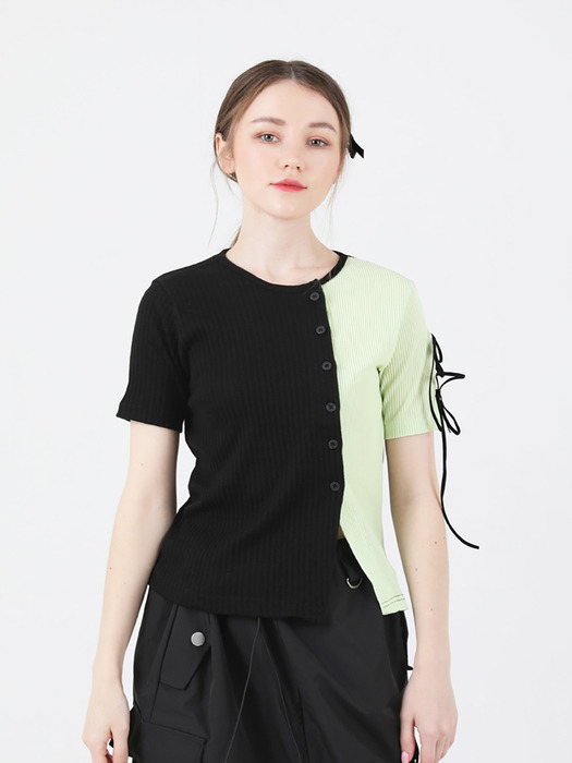 Slit Ribbon Half-Sleeve T-shirt (Green)