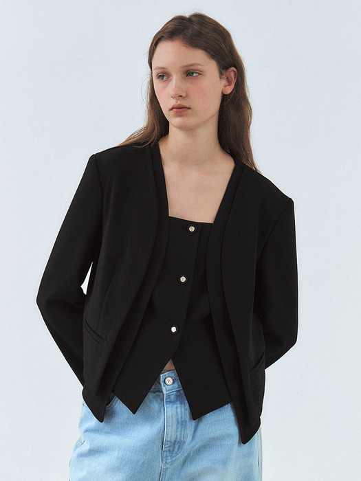 No collar three layered vest jacket - Black 