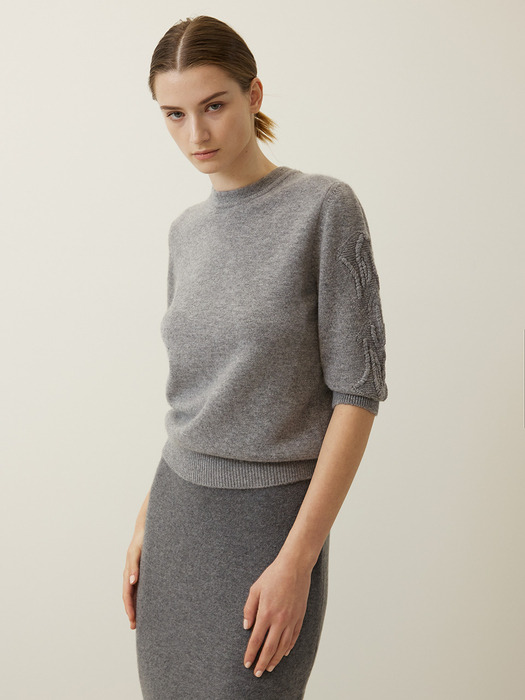 Embroidered-Sleeve Knit Top Grey