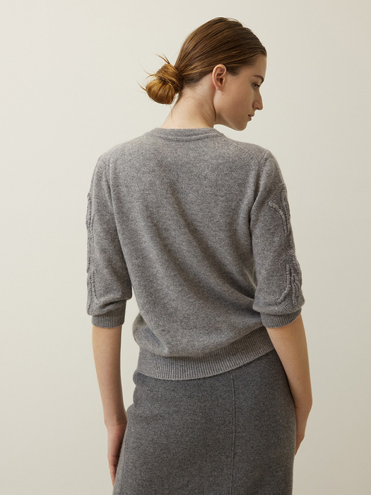 Embroidered-Sleeve Knit Top Grey
