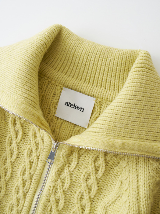 Big Collar Cable Zip-Up Knit Cardigan (Lime)