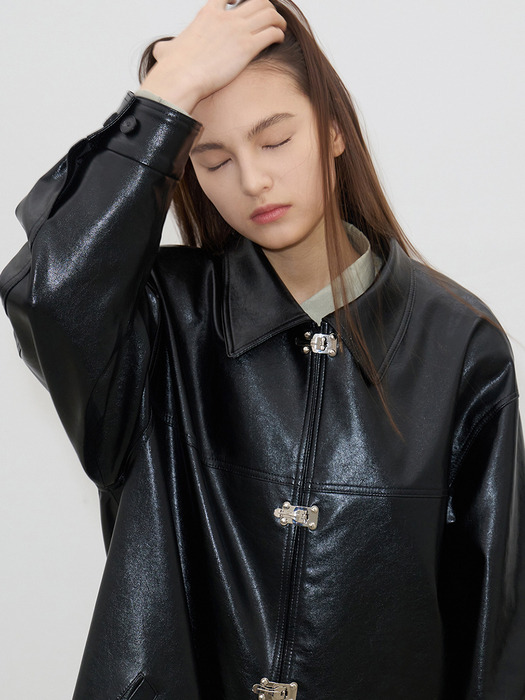 FAUX-LEATHER HALF COAT(BLACK)