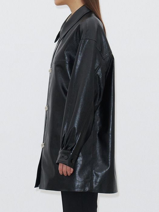 FAUX-LEATHER HALF COAT(BLACK)