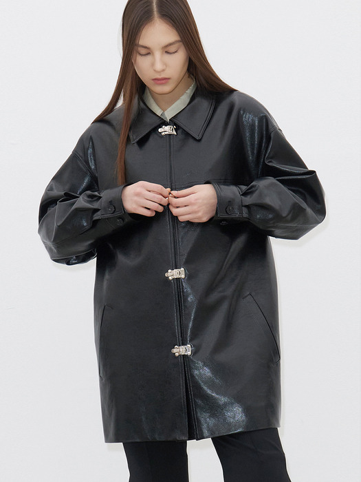 FAUX-LEATHER HALF COAT(BLACK)