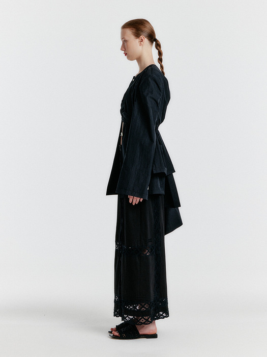 YOANNA Button-front Lace-trim Skirt - Black