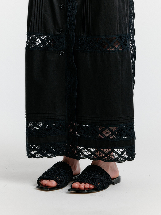 YOANNA Button-front Lace-trim Skirt - Black