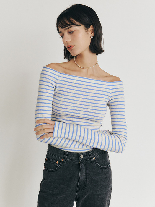MANNON off-shoulder stripe T-shirt_Blue Stripe