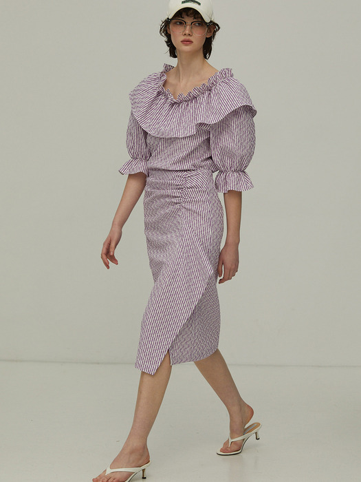 Asymmetric Shirring Seersucker Skirt _Violet