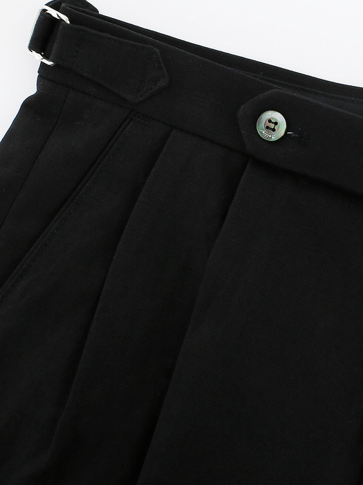 Linen / Cotton Twill adjust 2Pleats relaxed Trousers (Black)