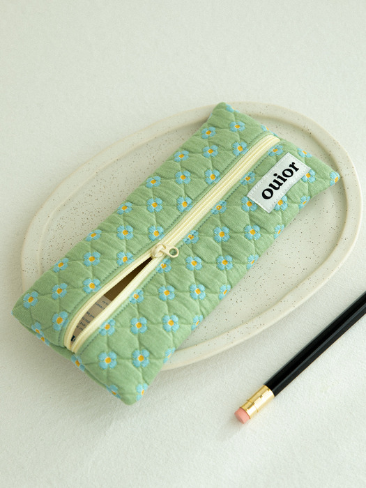 ouior flat pencil case - dot flower pistachio (middle zipper)