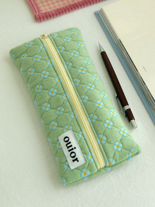 ouior flat pencil case - dot flower pistachio (middle zipper)