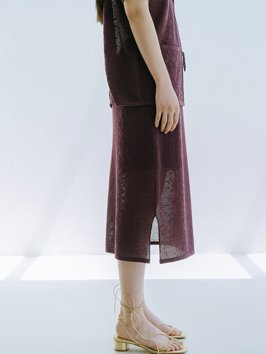 LINEN BLENDED CROCHET MID SKIRT_WINE