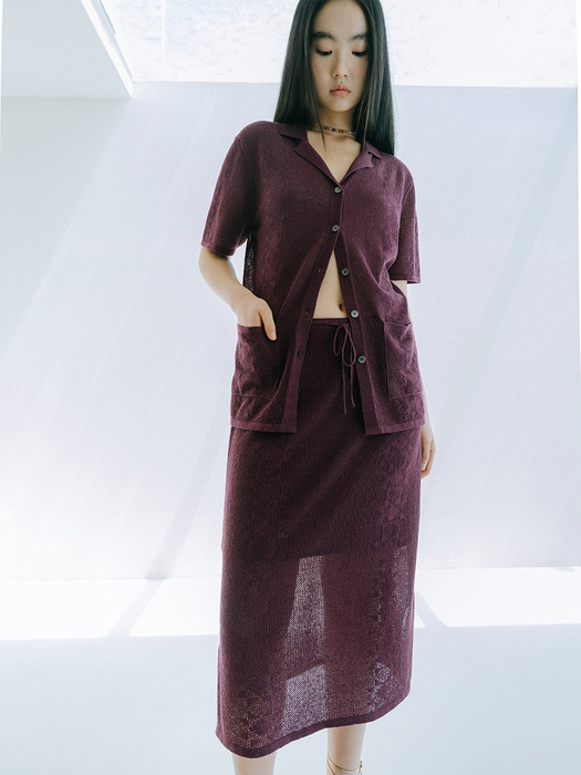 LINEN BLENDED CROCHET MID SKIRT_WINE