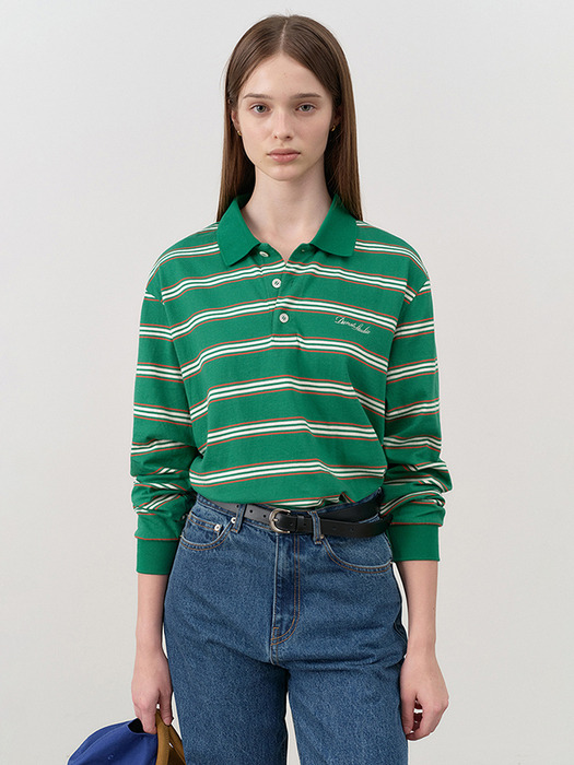 UNISEX MULTI STRIPE COLLARED T-SHIRT GREEN STRIPE_UDTS4C119E2